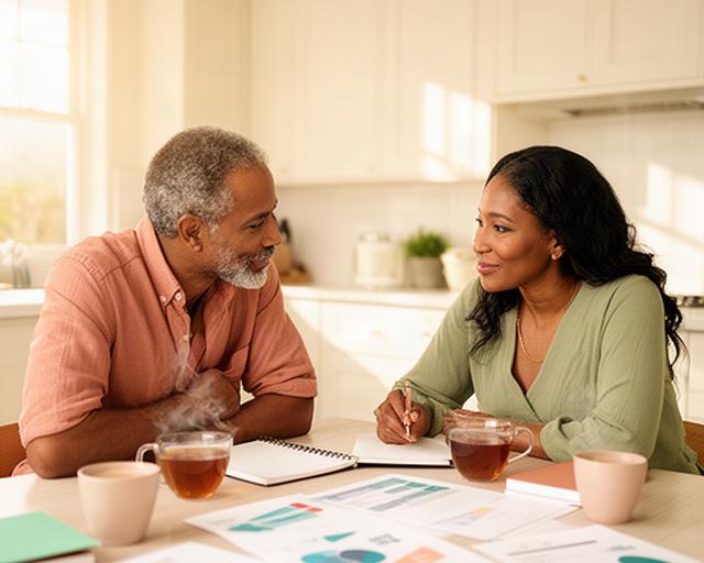Couple reviewing a household budget together at a bright kitchen table with notebooks and tea