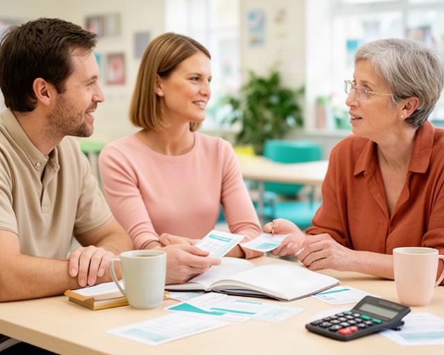 Financial educator discussing a household budget with a couple at a bright West Suffolk table