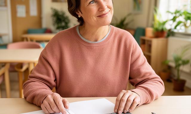 Friendly financial educator preparing notes beside a notebook and calculator in a Suffolk community room