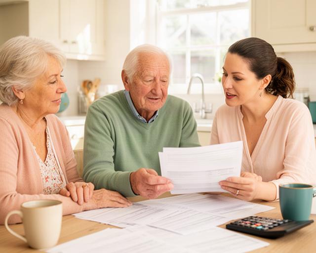 Older couple reviewing household papers with an adult daughter at a bright kitchen table