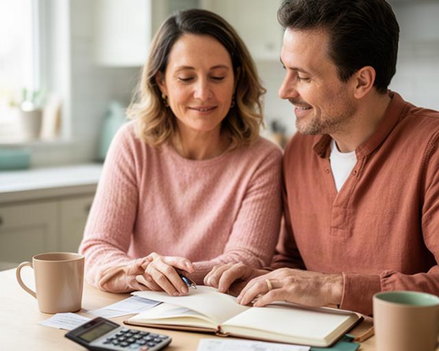Couple reviewing household finances at a kitchen table with a notebook and calculator