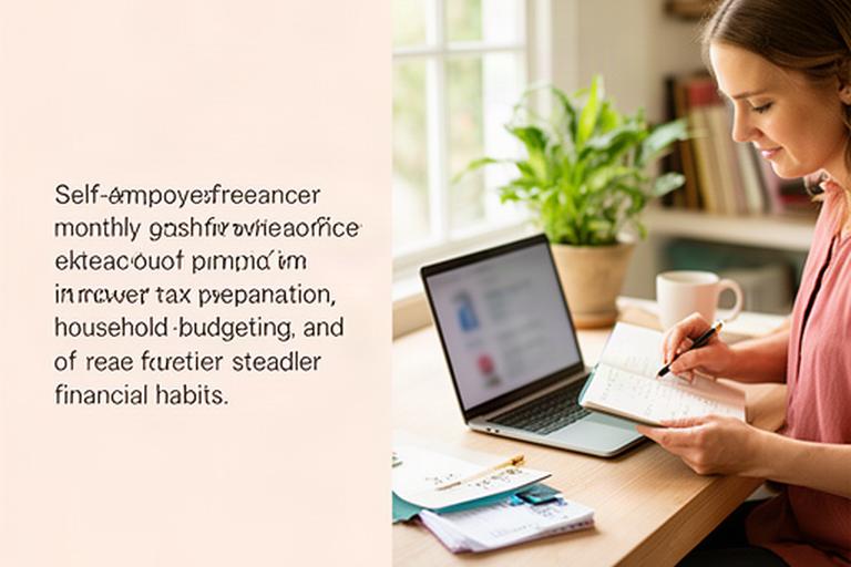 Freelancer reviewing monthly cash flow beside a laptop and notebook in a bright Suffolk home office